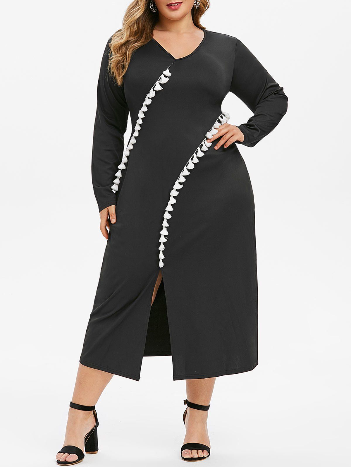 

Plus Size Tassel Slit Long Sleeve Dress, Black