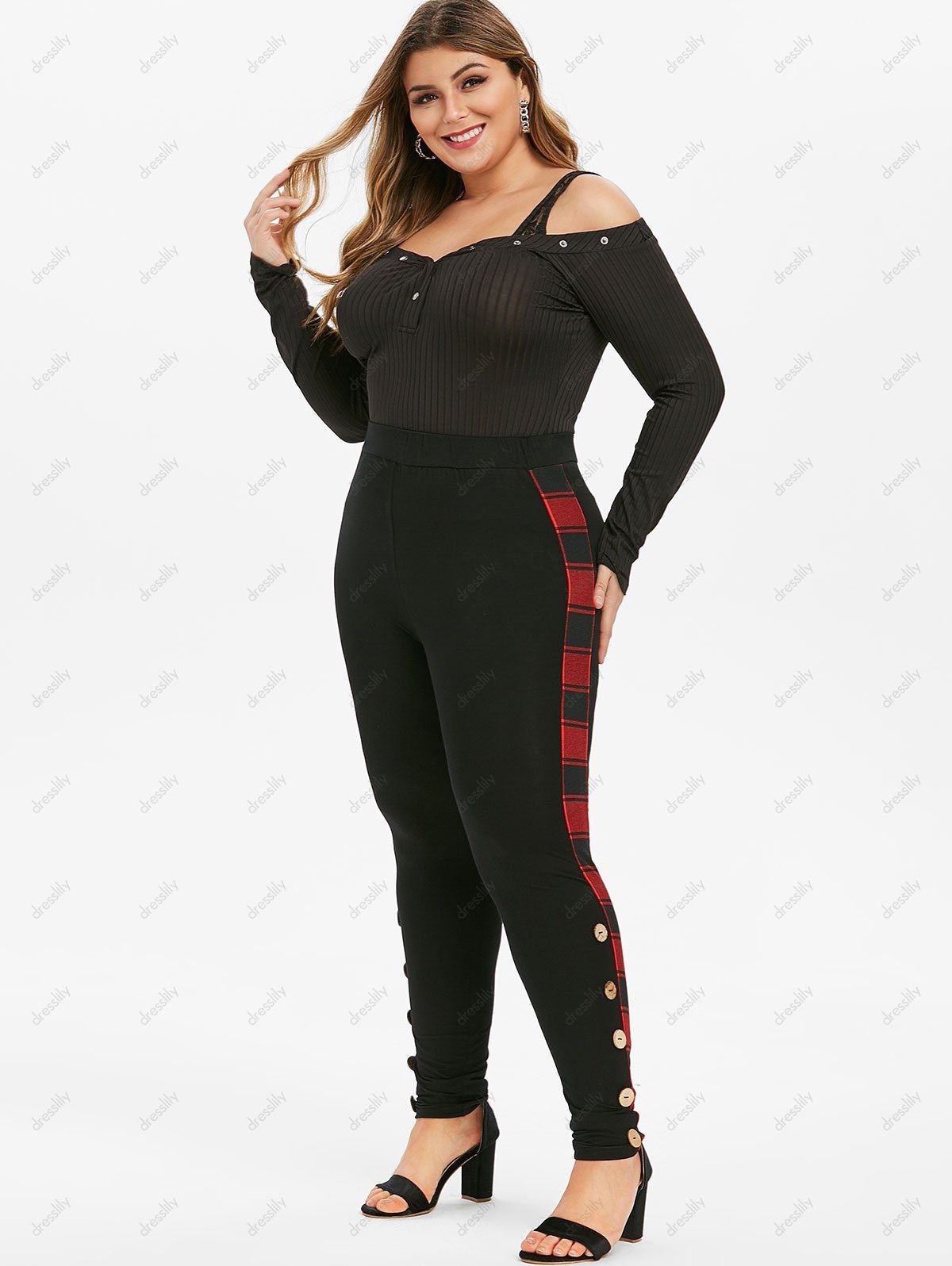 Plus Size High Waist Plaid Trim Buttoned Pants - BLACK 3X