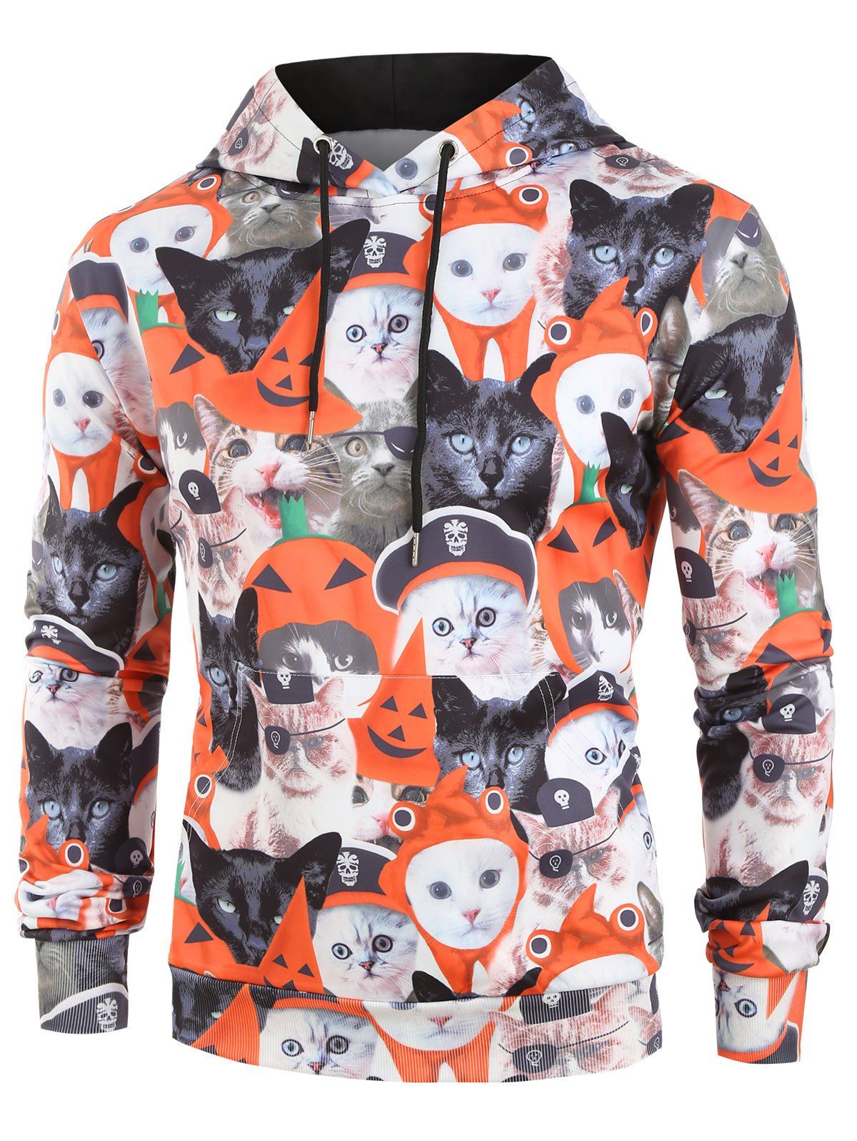 Skull Cat Pattern Casual Hoodie - multicolor A XL