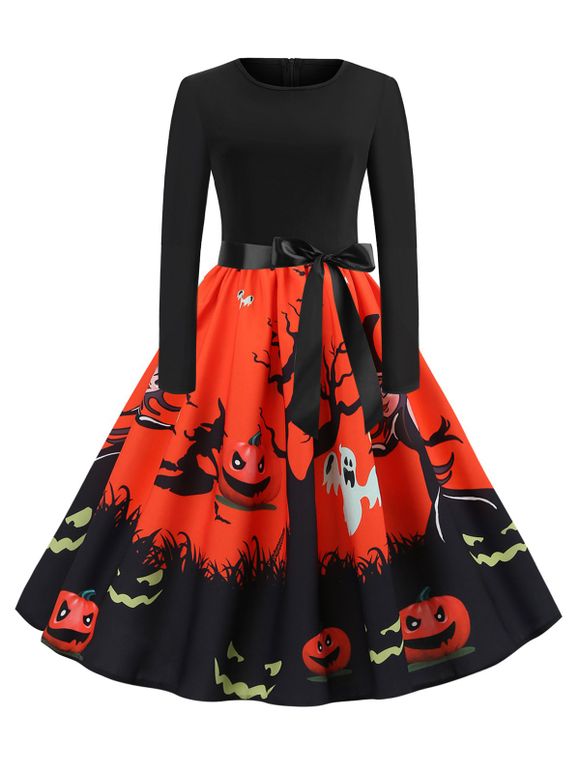 Robe Trapèze d'Halloween Vintage Citrouille Fantôme Imprimés de Grande Taille - multicolor A 1X