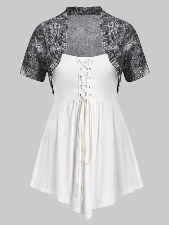 T-shirt de Grande Taille à Volants avec Débardeur à Bretelle Fine à Lacets - Noir 4X