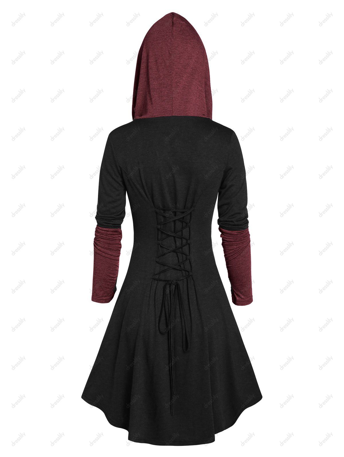 [41 OFF] 2020 Hooded Glove Sleeve Laceup Contrast Flare Dress In