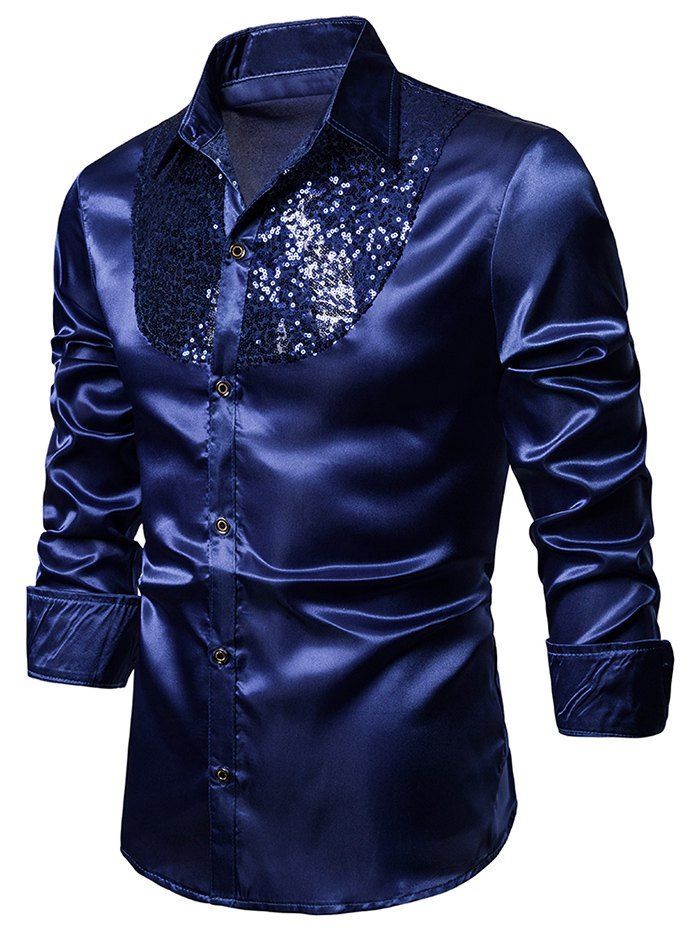 

Sequined Panel Button Up Long Sleeve Shirt, Blue