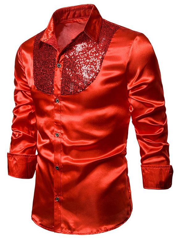 Chemise Boutonnée à Manches Longues à Paillettes - Rouge XL