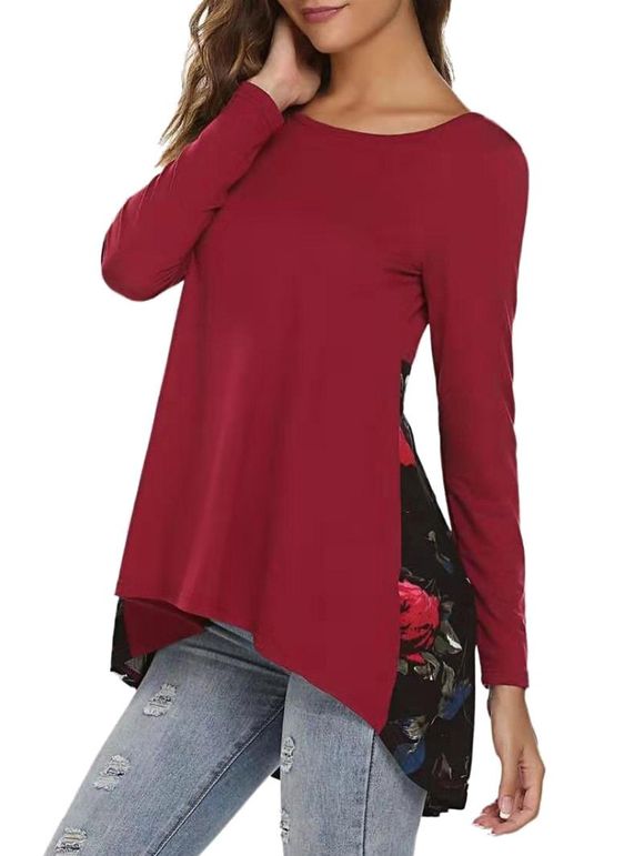 T-shirt Haut Bas Fleuri Imprimé à Manches Longues - Rouge Vineux M