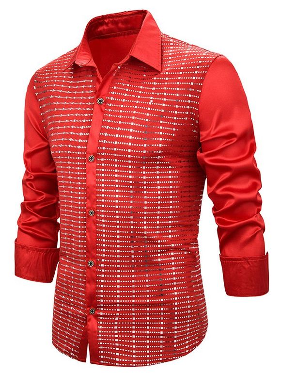 Chemise Brillante Boutonnée à Manches Longues à Paillettes - Rouge M