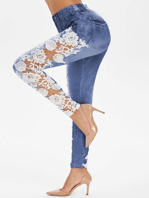 Legging Panneau Applique au Crochet Transparent à Taille Haute - Bleu Foncé Toile de Jean 3XL