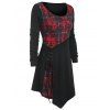 T-shirt Long Gothique Fleur Imprimée à Carreaux à Lacets - Rouge Vineux 2XL