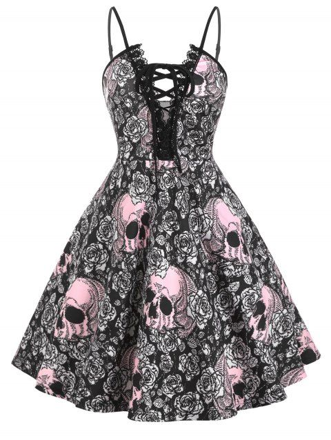 Halloween Skull Print Lace Up Lace Trim Plus Size Dress