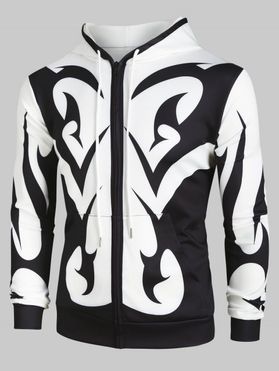 Abstract Print Zip Up Pockets Hoodie