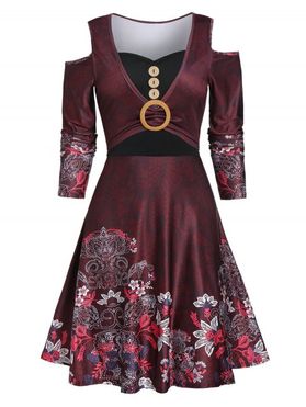 Cold Shoulder Button Floral Print Dress