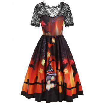 

Plus Size Pumpkin 3D Print Halloween Vintage Swing Dress, Multicolor a