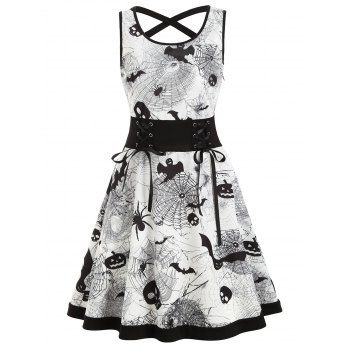 

Lace Up Bat Pumpkin Halloween Flare Dress, White