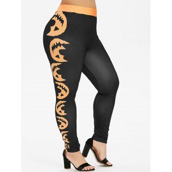 

Plus Size Halloween Pumpkin Face Print Skinny Leggings, Black