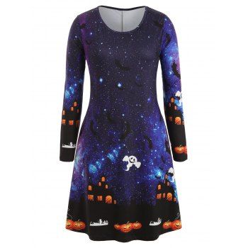 

Plus Size Halloween Galaxy Bat Ghost Print Swing Dress, Multicolor a