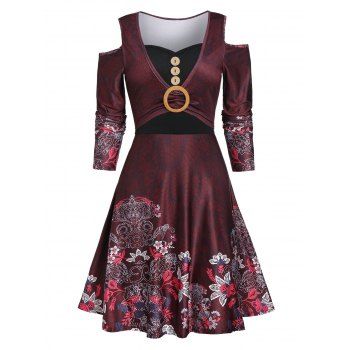 

Cold Shoulder Button Floral Print Dress, Red wine