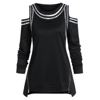 

Contrast Zippered Cold Shoulder T Shirt, Black