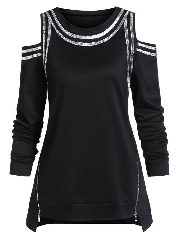 T-Shirt Zippé Contrasté à Epaule Dénudée - Noir XL