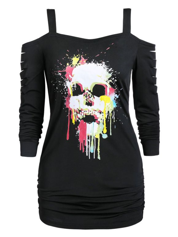 T-shirt Crâne Imprimée Découpé à Epaule Dénudée - Noir L