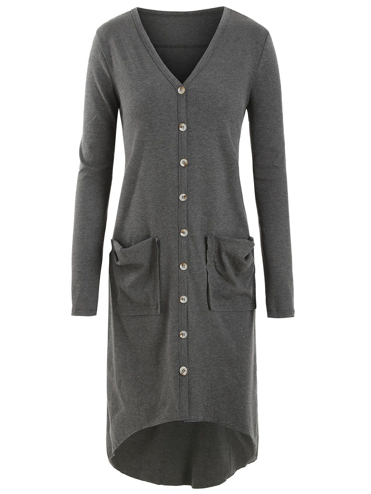 

Button Up Pockets High Low Ribbed Plus Size Cardigan, Gray