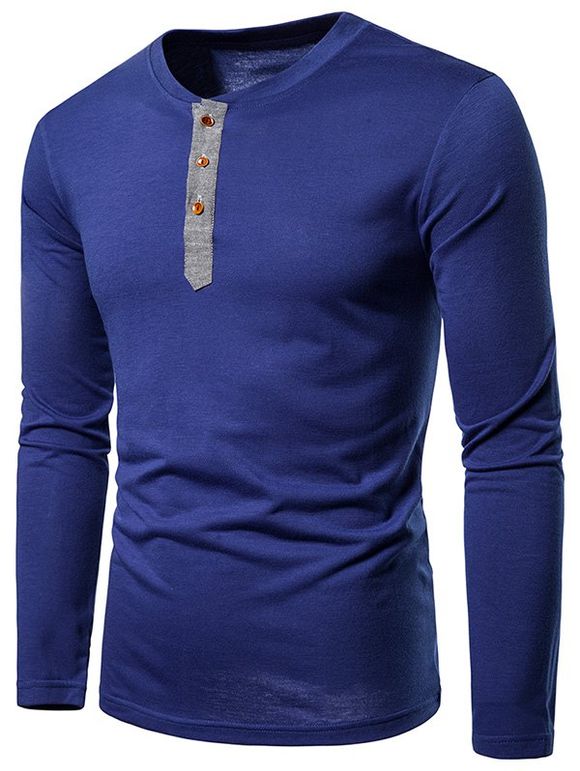 T-shirt Décontracté Contrasté à Manches Longues - Bleu Marine 2XL