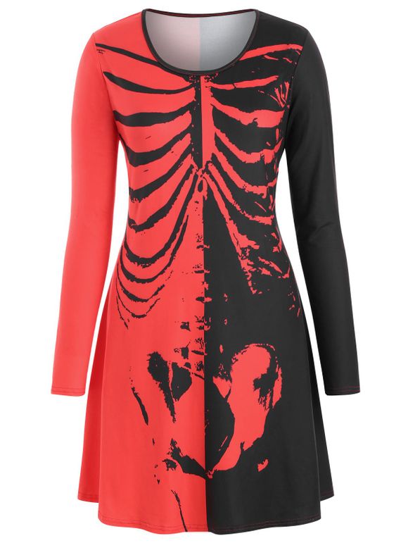 Robe T-shirt d'Halloween Squelette à Manches Longues Grande Taille - Rouge L