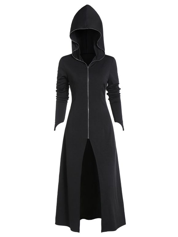 Manteau à Capuche Long Gothique Zippé à Lacets au Dos - Noir XL