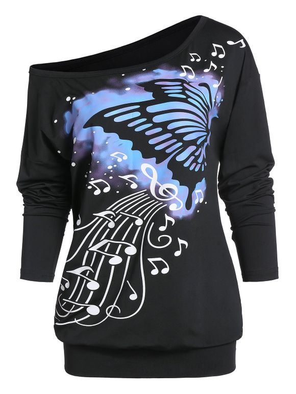 Sweat-shirt Gothique Note de Musique et Papillon Imprimés à Goutte Epaule - Noir L
