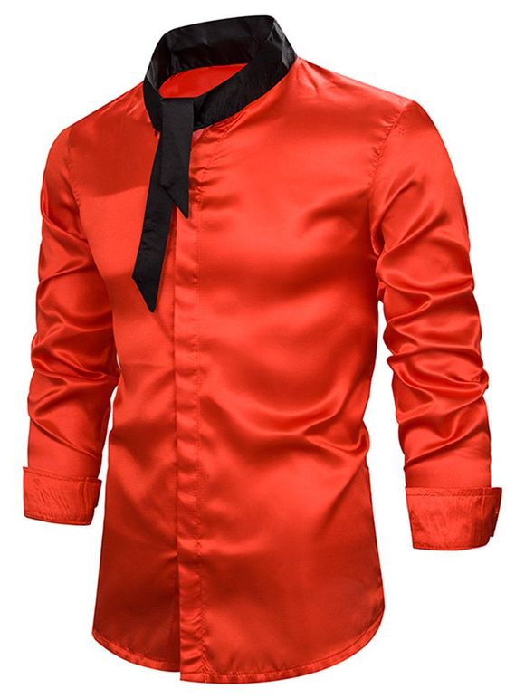 Chemise Boutonnée Contrastée Manches Longues à Col Noué - Rouge 2XL