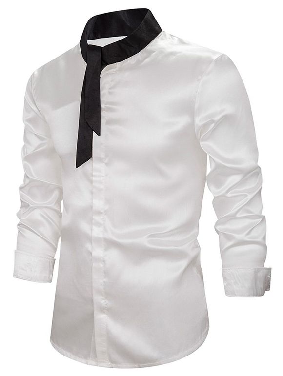 Chemise Boutonnée Contrastée Manches Longues à Col Noué - Blanc 2XL