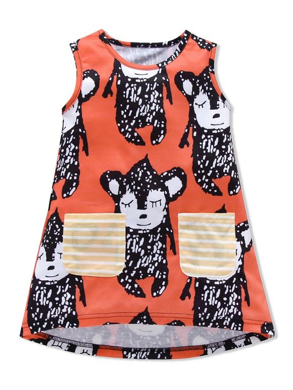 Robe Rayée Animal Imprimé sans Manches avec Poches à Ourlet Pendant pour Fille - Orange 110