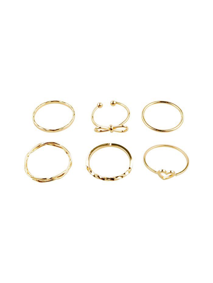 

6Pcs Bowknot Heart Hollow Joint Ring Set, Gold