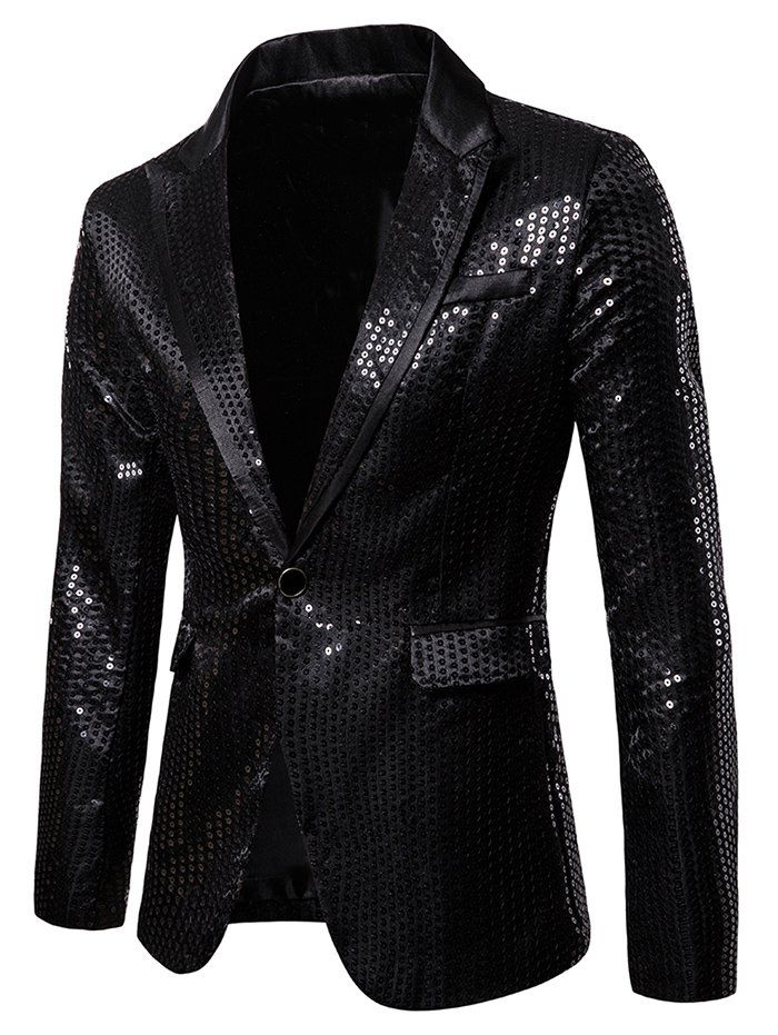 

Glitter Sequined Notch Lapel One Button Blazers, Black