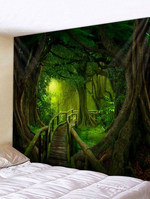 Tapisserie Murale Pendante Art Décoration Forêt Bois et Pont Imprimés - Vert Forêt Noire 150*130CM