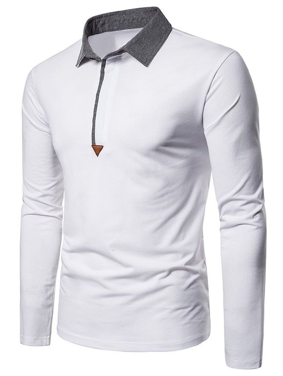 T-shirt Décontracté Contrasé avec Bouton à Manches Longues - Blanc S