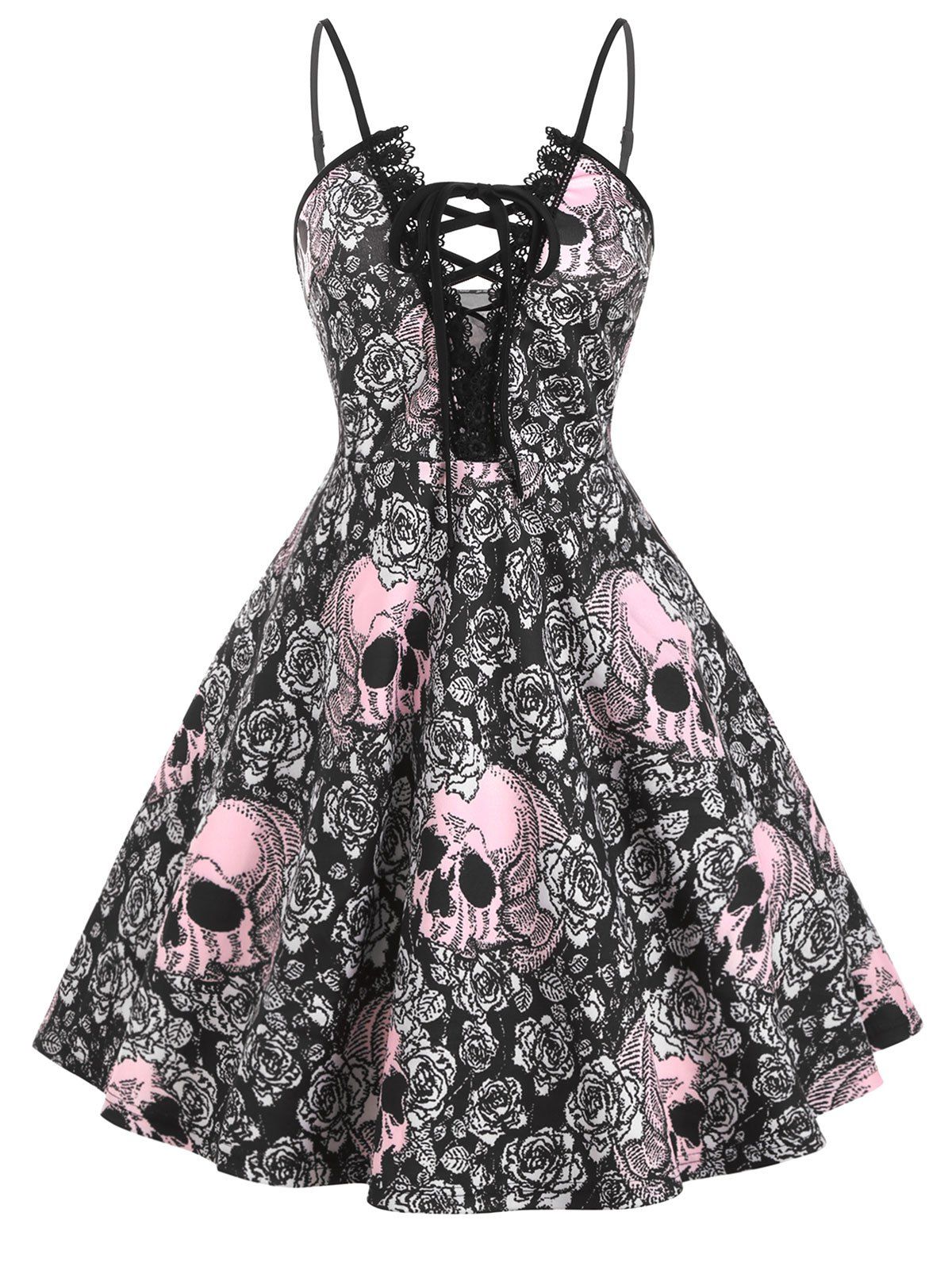 Halloween Skull Print Lace Up Lace Trim Plus Size Dress - BLACK 1X