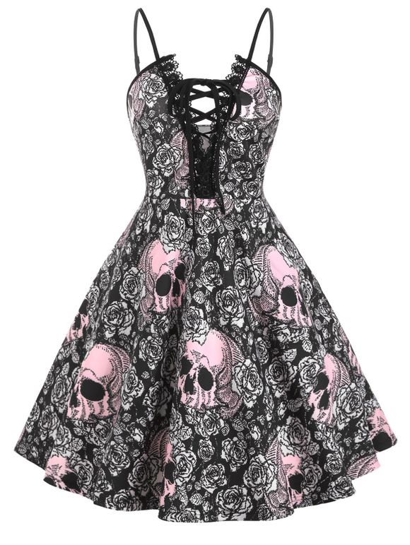Halloween Skull Print Lace Up Lace Trim Plus Size Dress - BLACK 4X