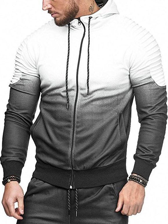 Ombre Shoulder Pleated Sports Zip Hoodie - WHITE XL
