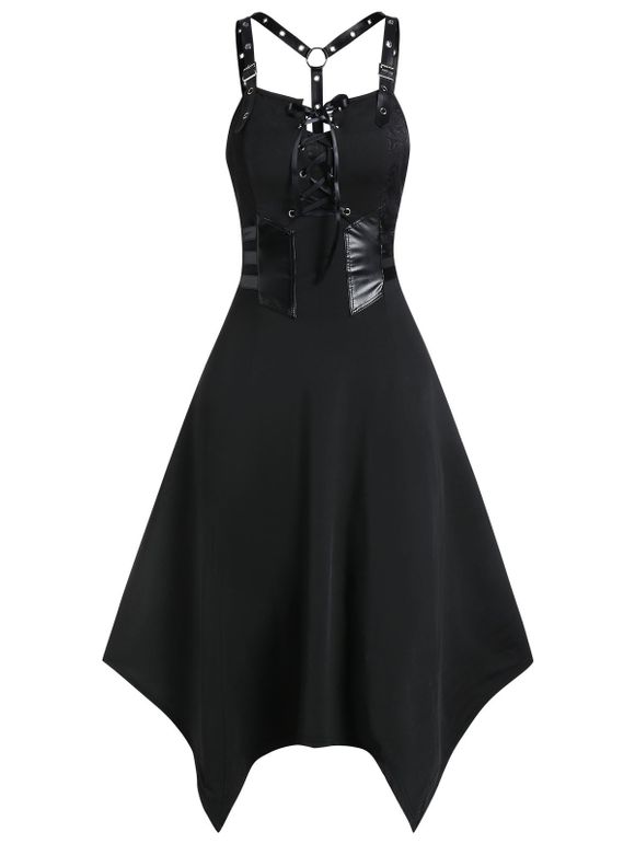 Robe Gothique Mouchoir à Bretelle Bouclée en Faux Cuir à Lacets - Noir XL