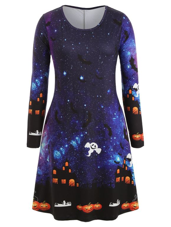 Robe Trapèze d'Halloween Chauve-souris Galaxie et Fantôme Imprimés de Grande Taille - multicolor A 4X