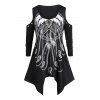 T-shirt Asymétrique Plume Imprimée à Epaule Dénudée de Grande Taille - Noir 4X