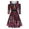 Cold Shoulder Button Floral Print Dress - RED WINE L