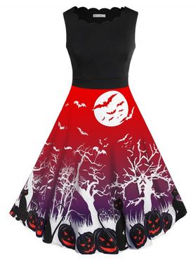 Plus Size Bat Pumpkin Print Halloween Vintage Dress