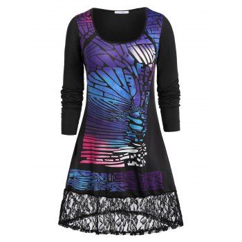 

Plus Size Lace Trim Ombre Butterfly Print Tunic T-shirt, Black