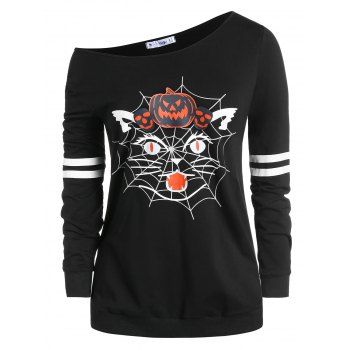 

Plus Size Halloween Skew Neck Pumpkin Spider Web Print Sweatshirt, Black