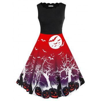 

Plus Size Bat Pumpkin Print Halloween Vintage Dress, Red