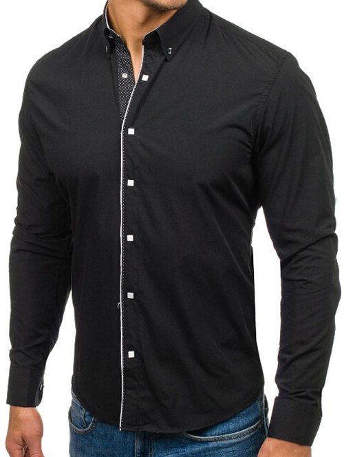Chemise Boutonnée à Manhces Longues Ourlet à Pois - Noir M