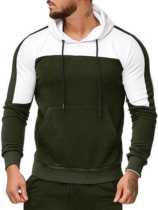 

Contrast Color Kangaroo Pockets Hoodie, Army green
