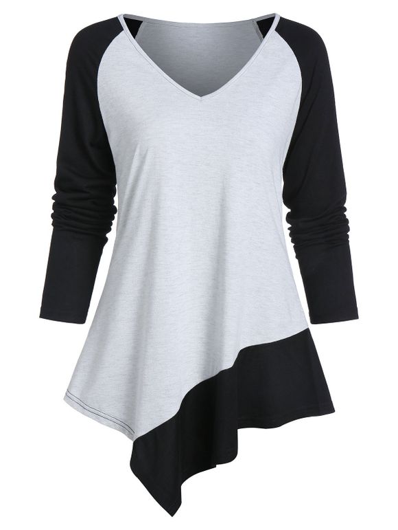 T-Shirt Tunique Asymétrique Bicolore à Manches Raglan - Noir M
