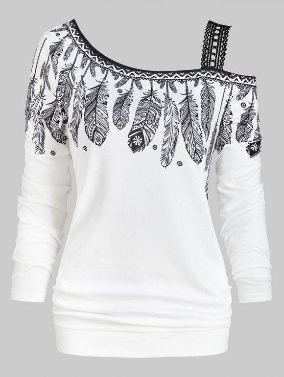 Sweatshirt Guipure Insérée Plume Imprimée à Col Oblique - Blanc XL